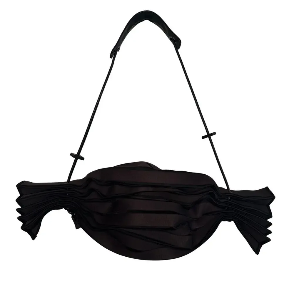 rare Issey Miyake Pleats Please Accordion Drawstring Bag Dark Brown/Black Purse